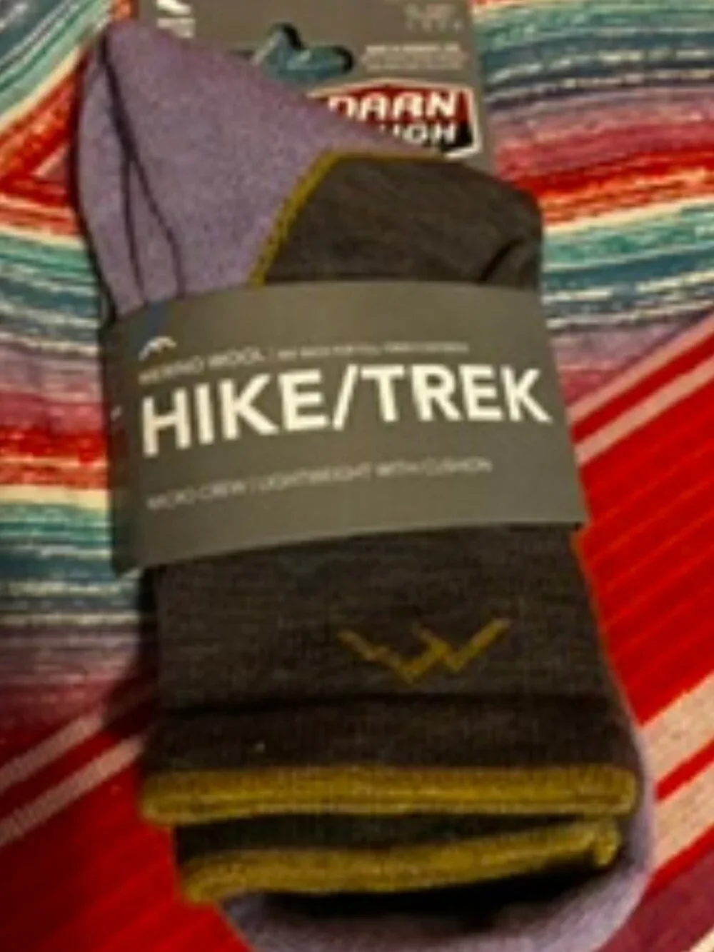 Lavender cuff, Brown and Yellow trim Darn Tough Micro Crew Socks, Women's Med.